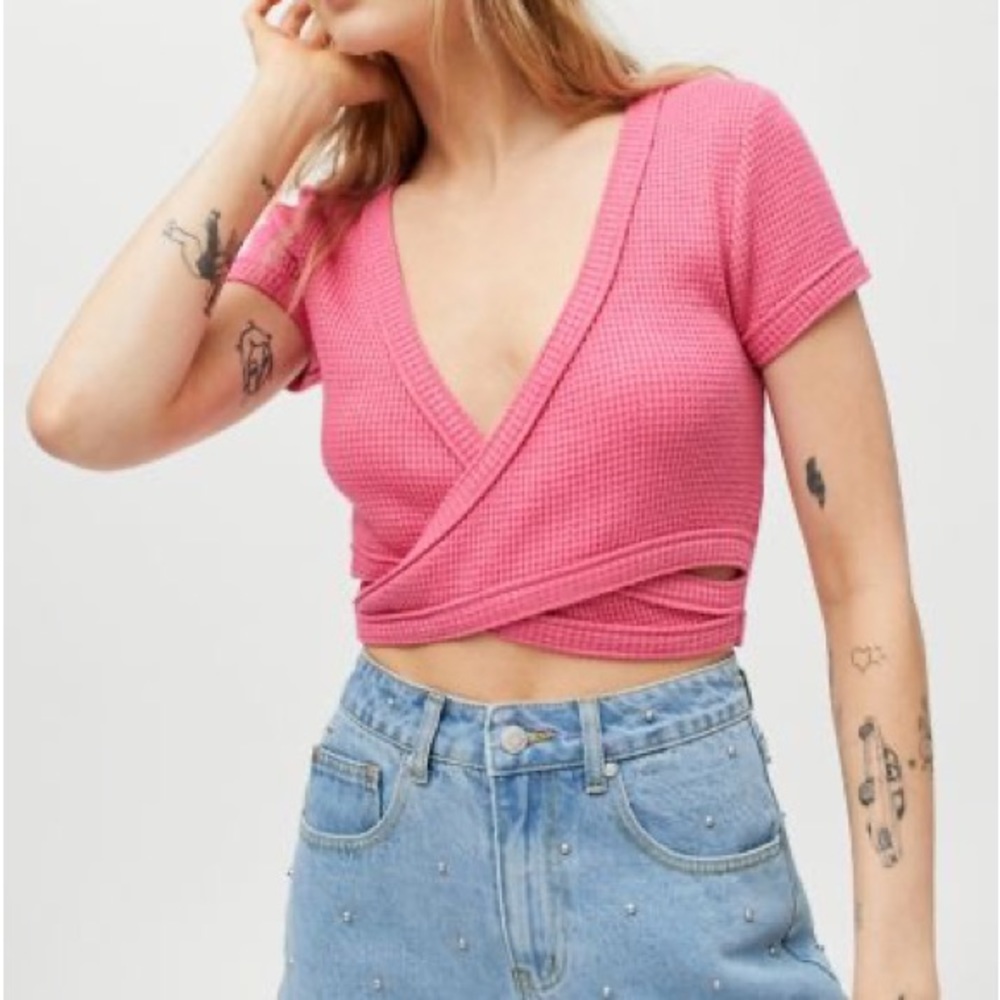 Urban Outfitters Karlie Waffle Wrap Top In Pink